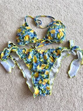 Yellow Lemon Print Tie-Side Bikini Set - Brand New